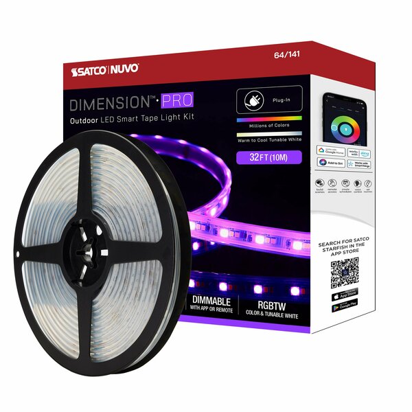 Nuvo Dimension Pro Tape Light Strip 32 ft. RGB + Tunable White - Plug - IP65 - Starfish IOT - RF Remote 64/141